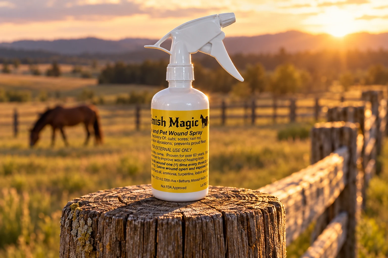 Amish Magic spray bottle on a fence post overlooking a pasture at sunset